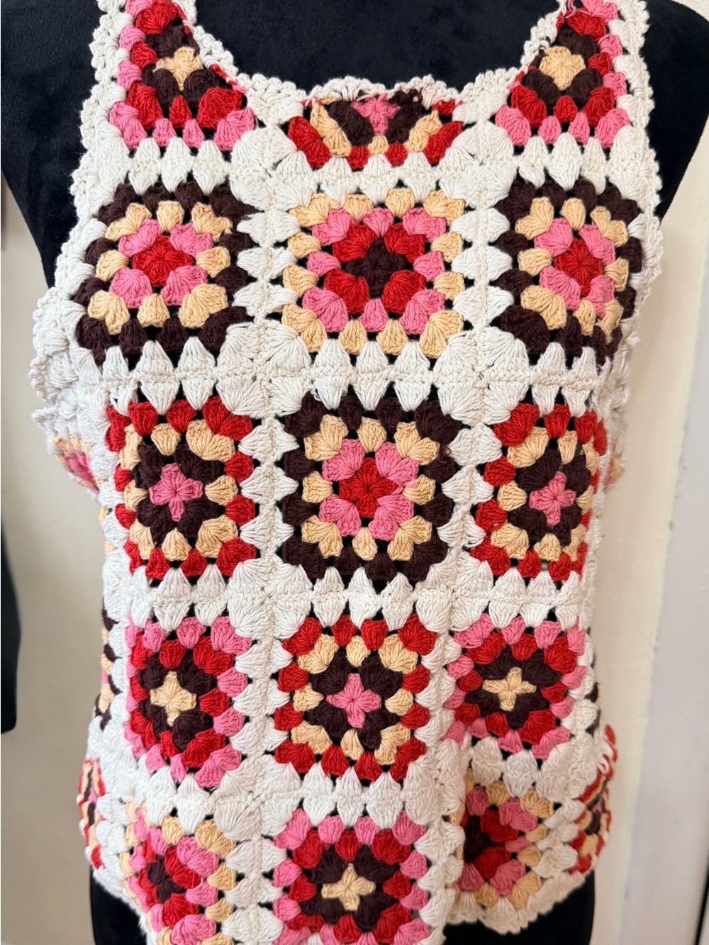 Lucky Brand Crochet Granny Square Tank Top in White, Pink, Red, Brown, Tan